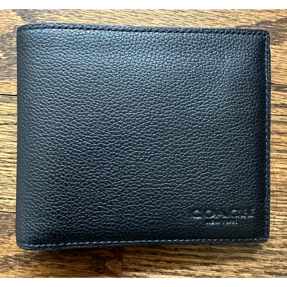 NWOT Coach Bifold Wallet OS Black Pebbled Leather Mens Luxury Designer Accessory
